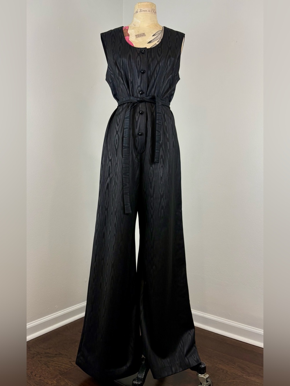 NWT // VTG 1970s Sleeveless Black Wide-Leg Jumpsuit with Waist Tie